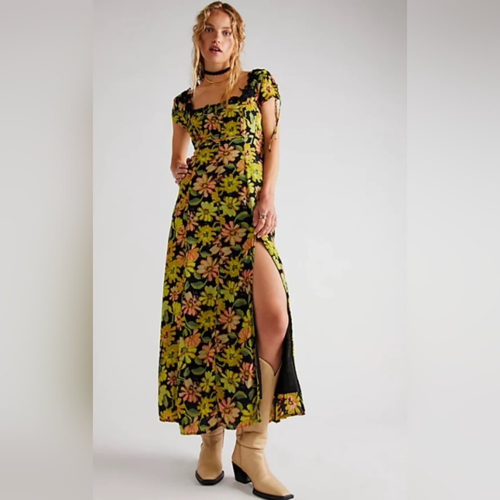 Free People Floral Midi Dress - Black and Yellow